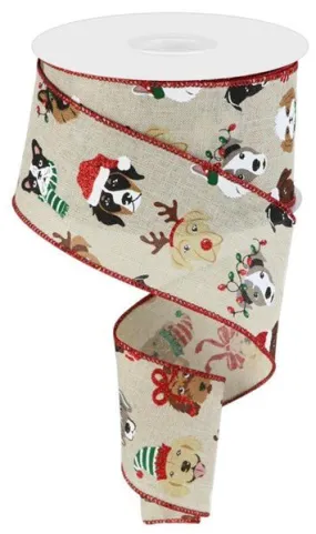 2.5" Christmas Dogs Ribbon: Lt Natural - 10Yds