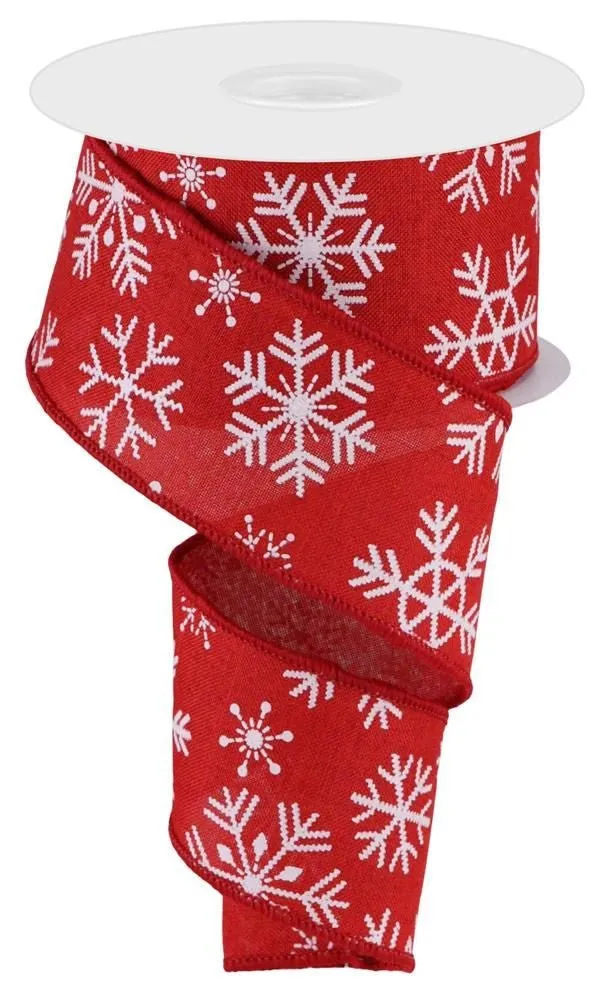 2.5" Snowflakes on Linen Ribbon: Red - 10yds