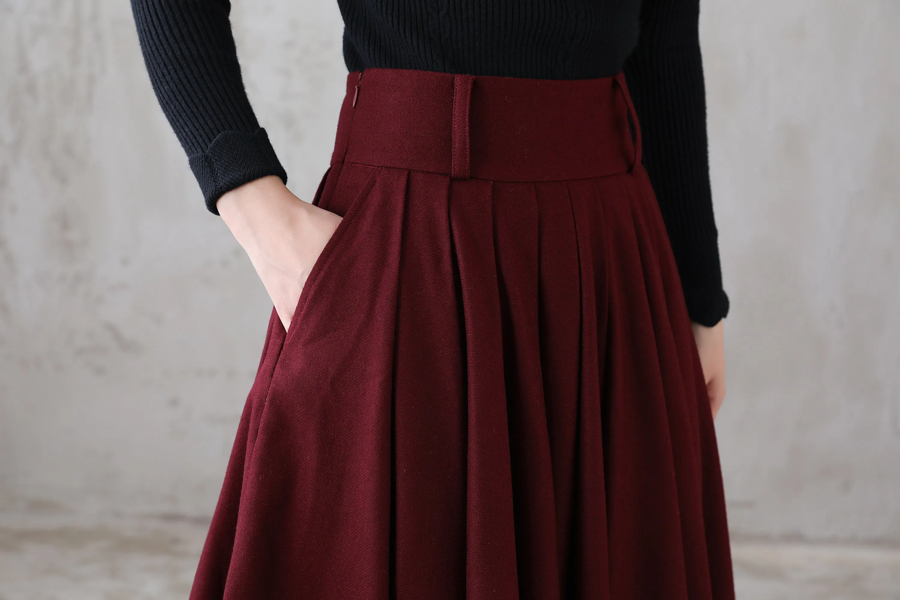 A Line Pleated Burgundy Midi Wool Circle Skirt 3110