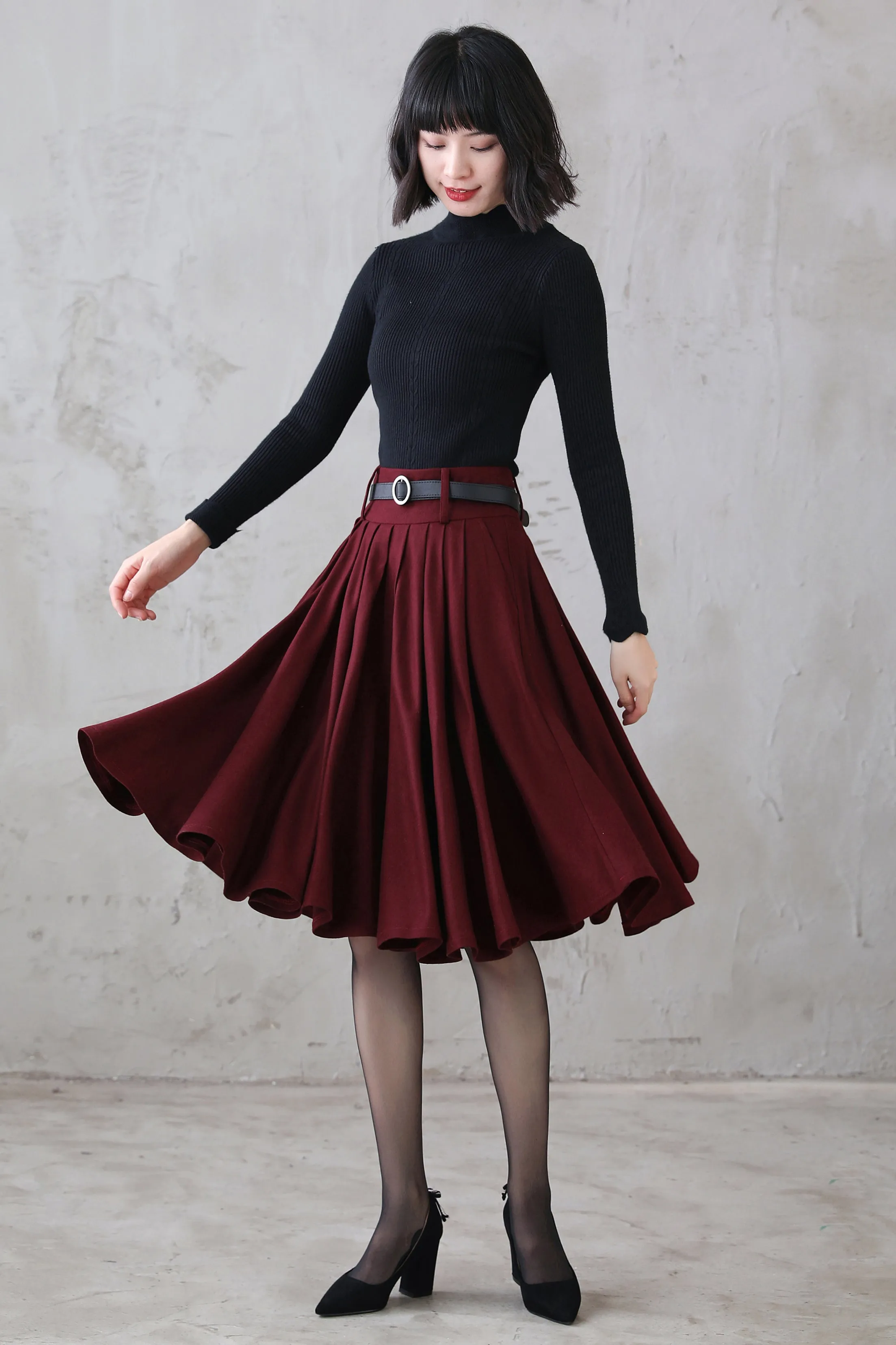 A Line Pleated Burgundy Midi Wool Circle Skirt 3110