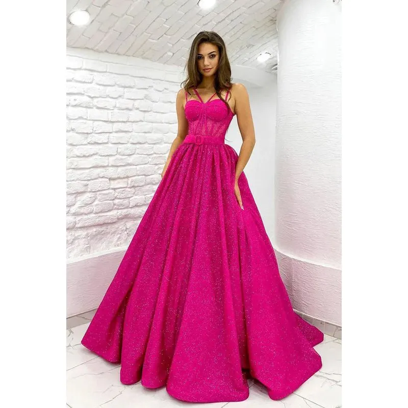 A-Line Straps Sequined Belt Sleeveless Prom Dress