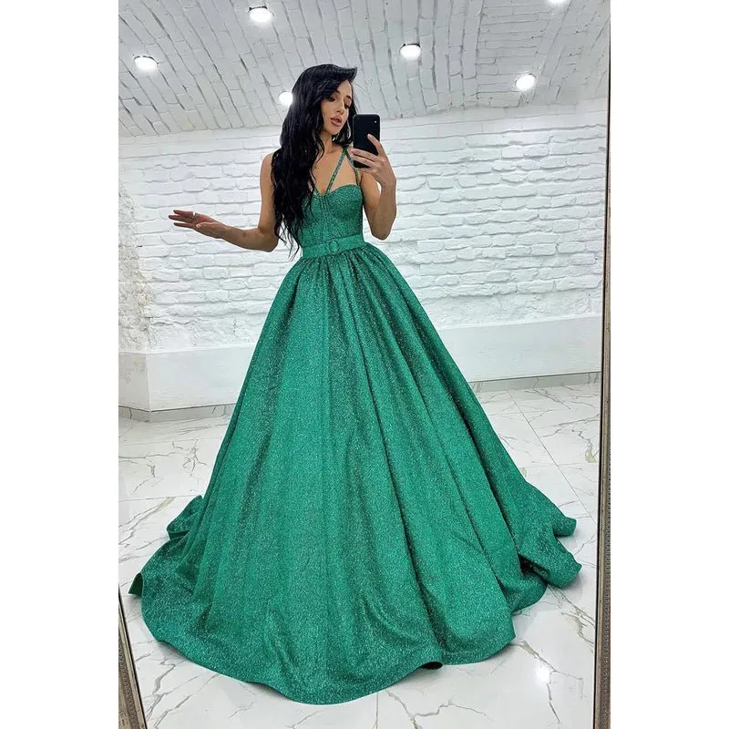 A-Line Straps Sequined Belt Sleeveless Prom Dress