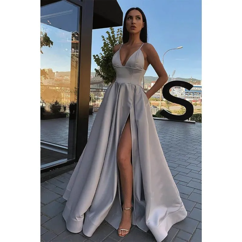 A-line V-neck Spaghetti Straps High Split Long Prom Dress with Pockets