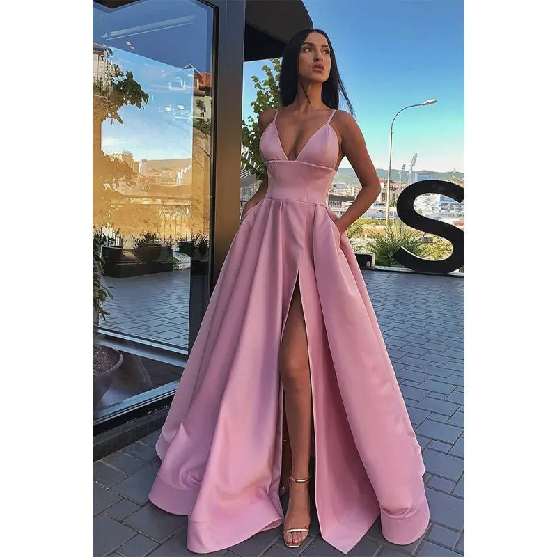 A-line V-neck Spaghetti Straps High Split Long Prom Dress with Pockets