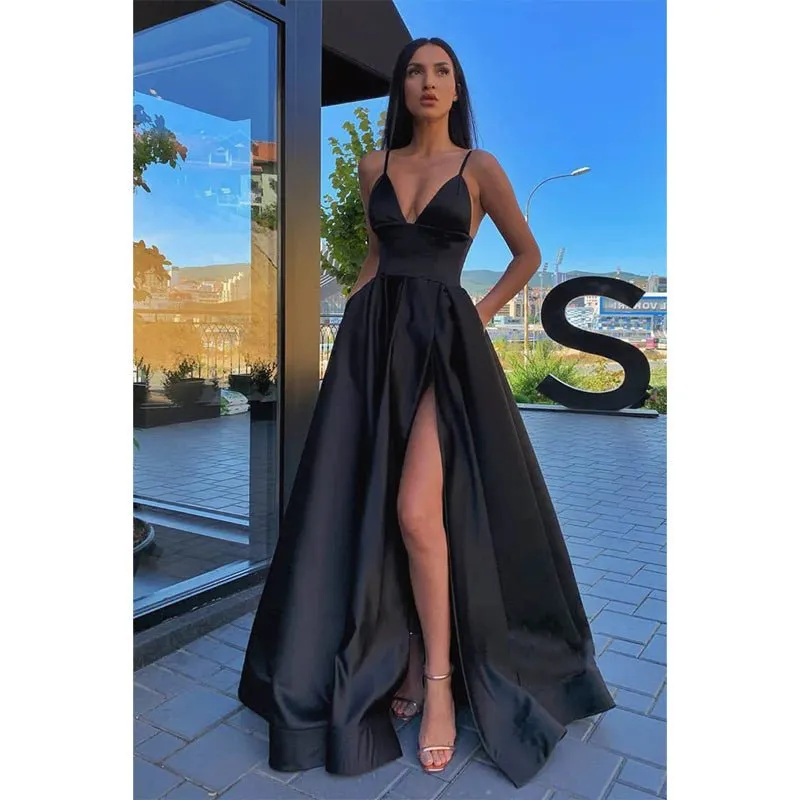 A-line V-neck Spaghetti Straps High Split Long Prom Dress with Pockets