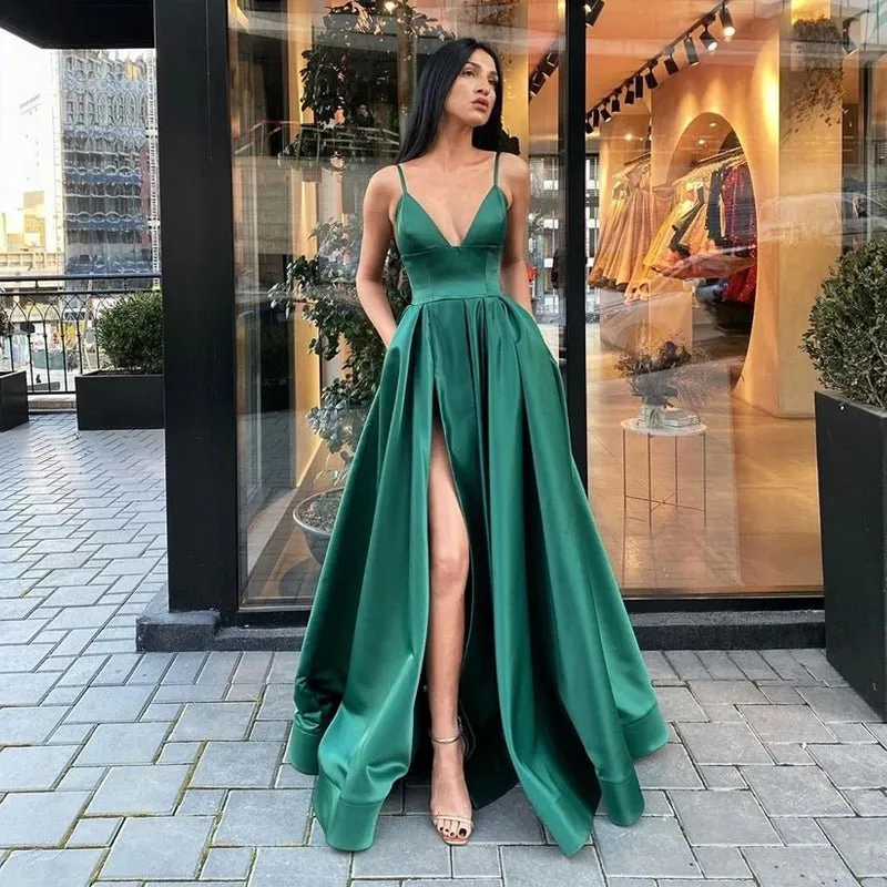 A-line V-neck Spaghetti Straps High Split Long Prom Dress with Pockets