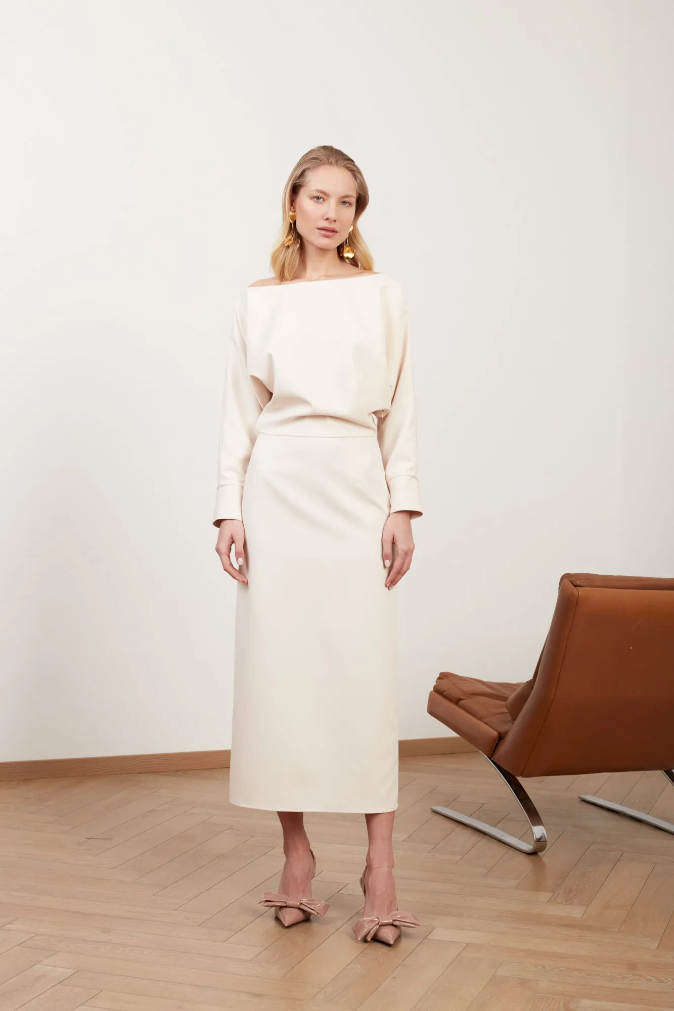 AGALIA cream off-the-shoulder midi dress