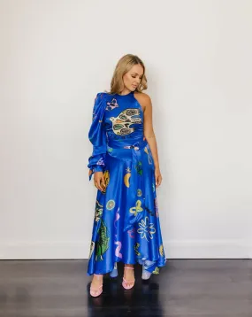 Alemais Soleil One Shoulder Blue Midi Designer Dress Hire