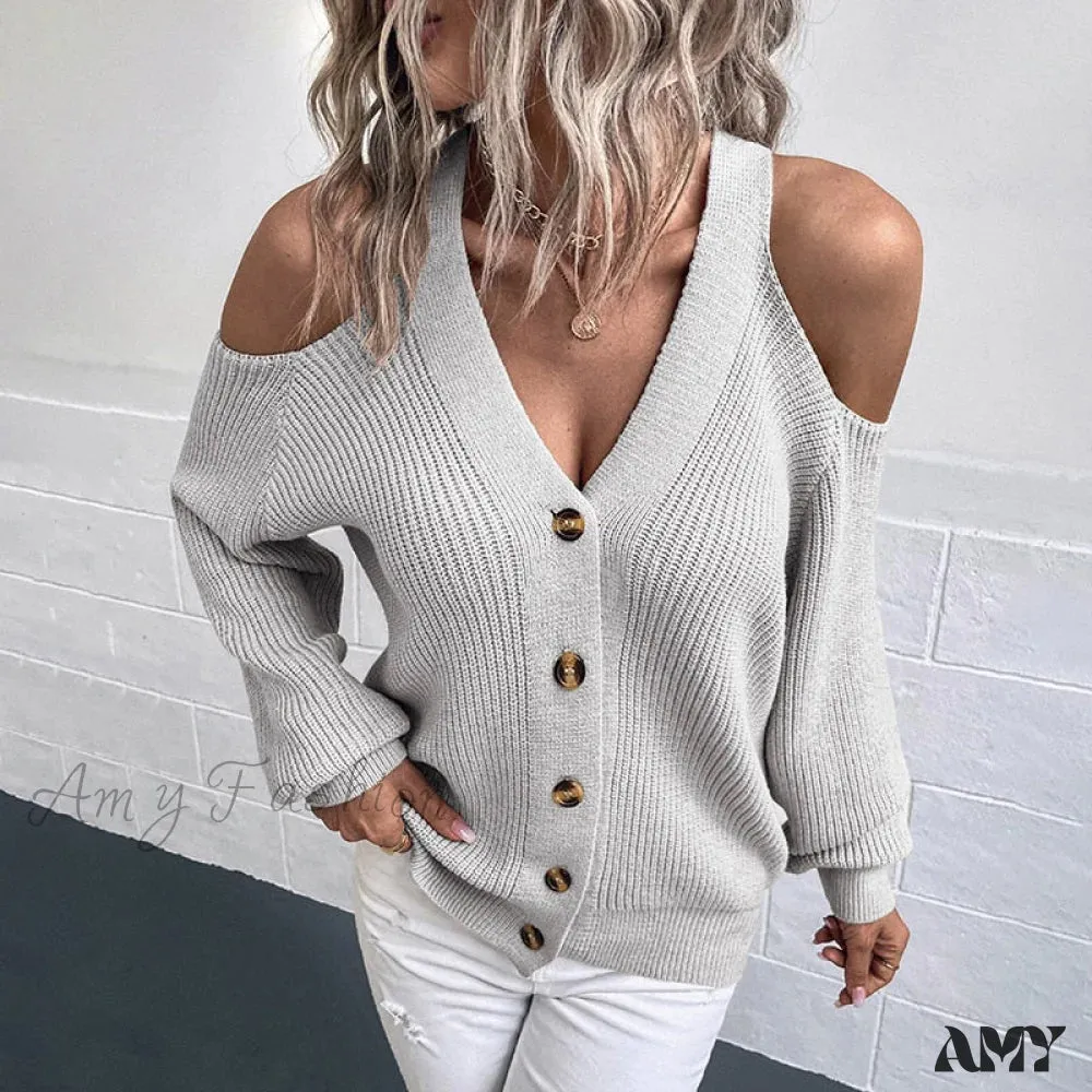 Amy Fashion - Off Shoulder Sweater High Quality Simple Knit Cardigan