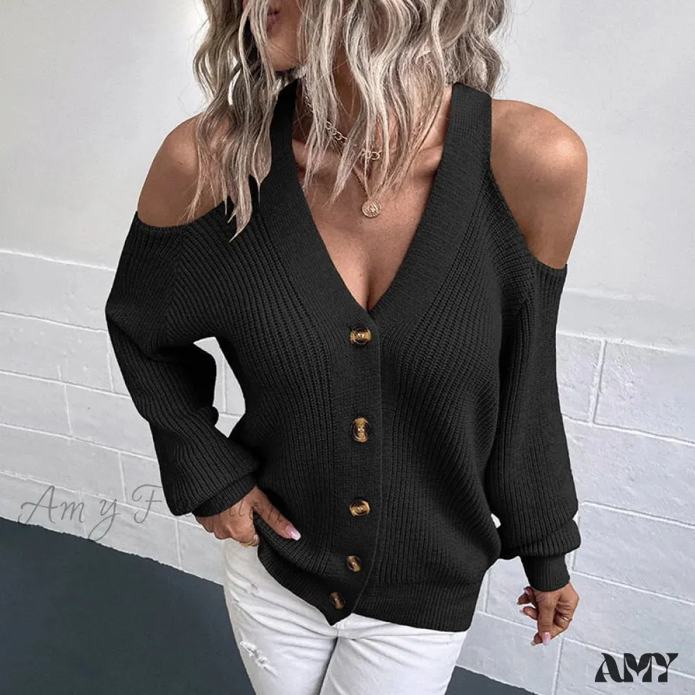 Amy Fashion - Off Shoulder Sweater High Quality Simple Knit Cardigan