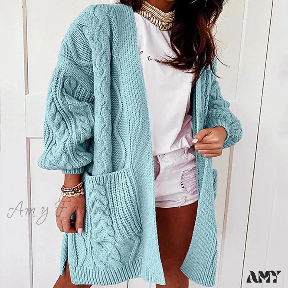 Amy Fashion - Oversized Lantern Sleeve Knitted Sweater Warm Long Cardigan