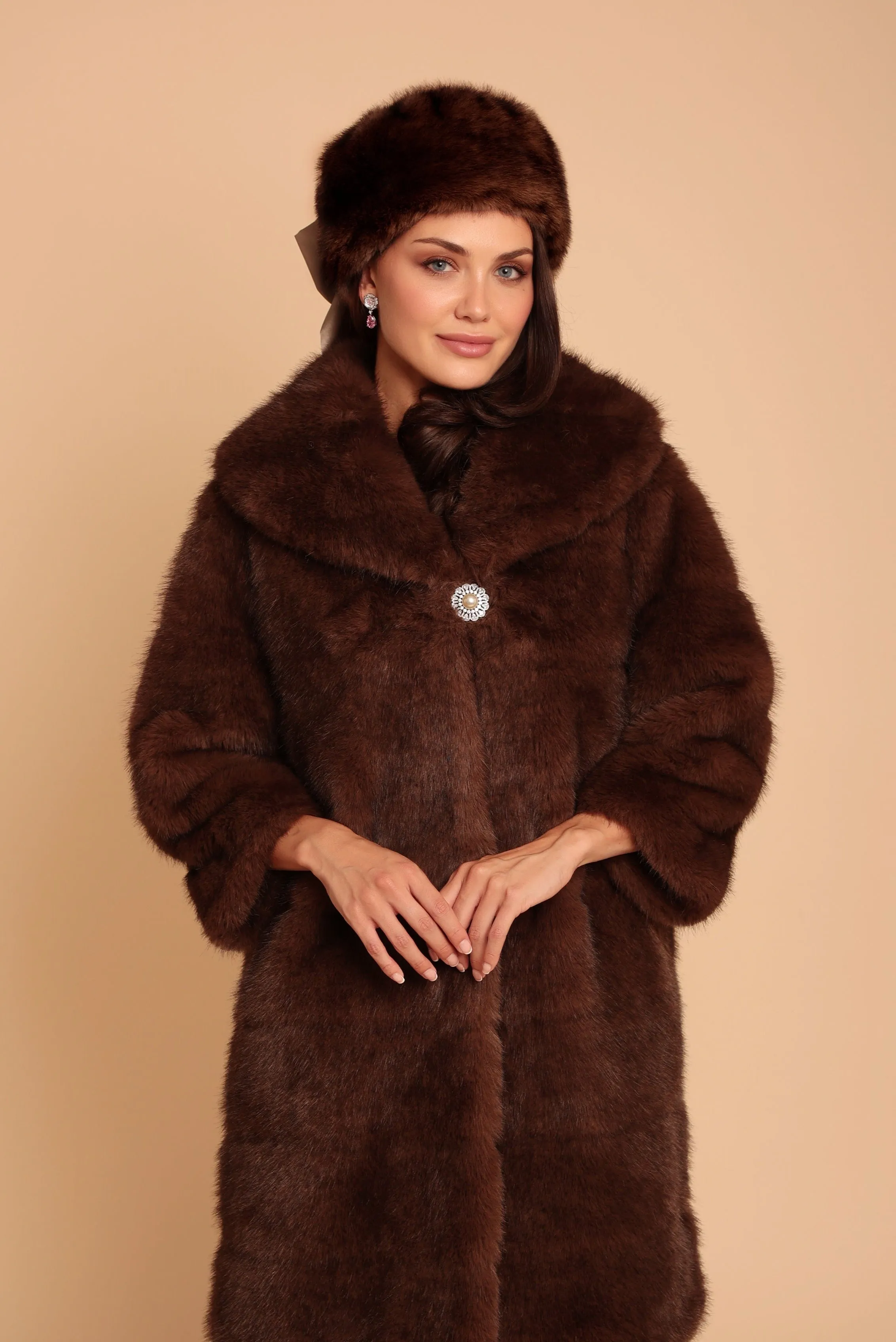 'Anastasia' Faux Fur Hat with Satin Bow in Marrone