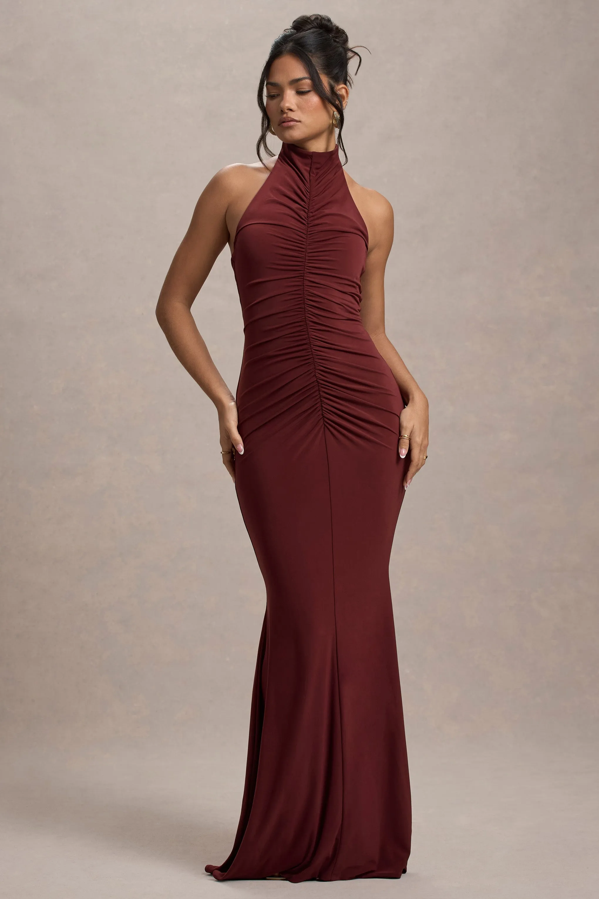 Arietta | Port High-Neck Ruched Fishtail Maxi Dress