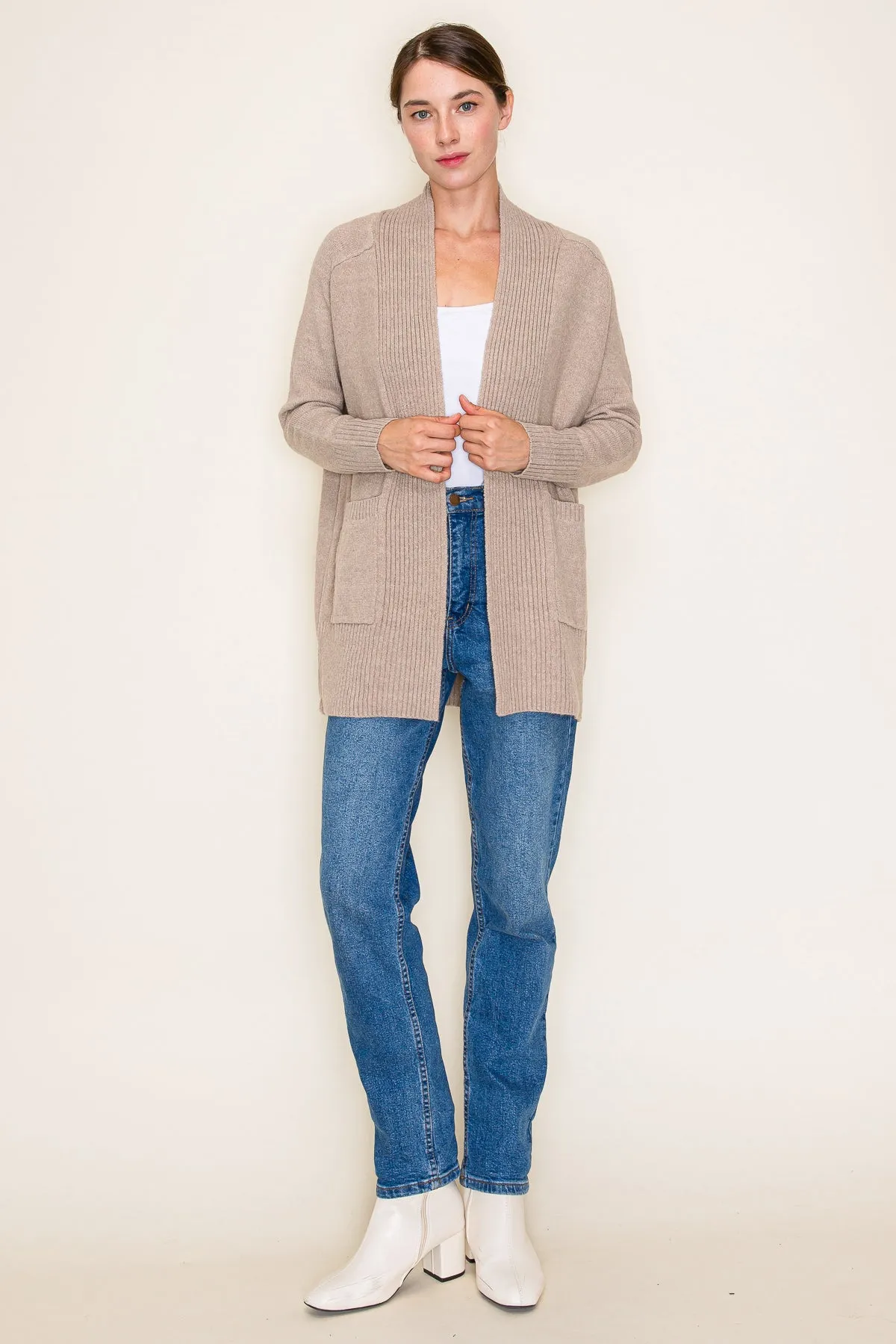 Basic Taupe Ribbed Edge Pocket Cardigan