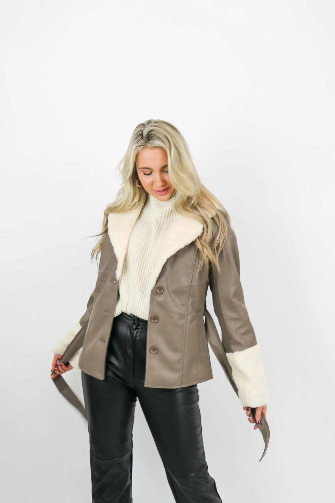 Bear Belted Faux Shearing Coat | Taupe