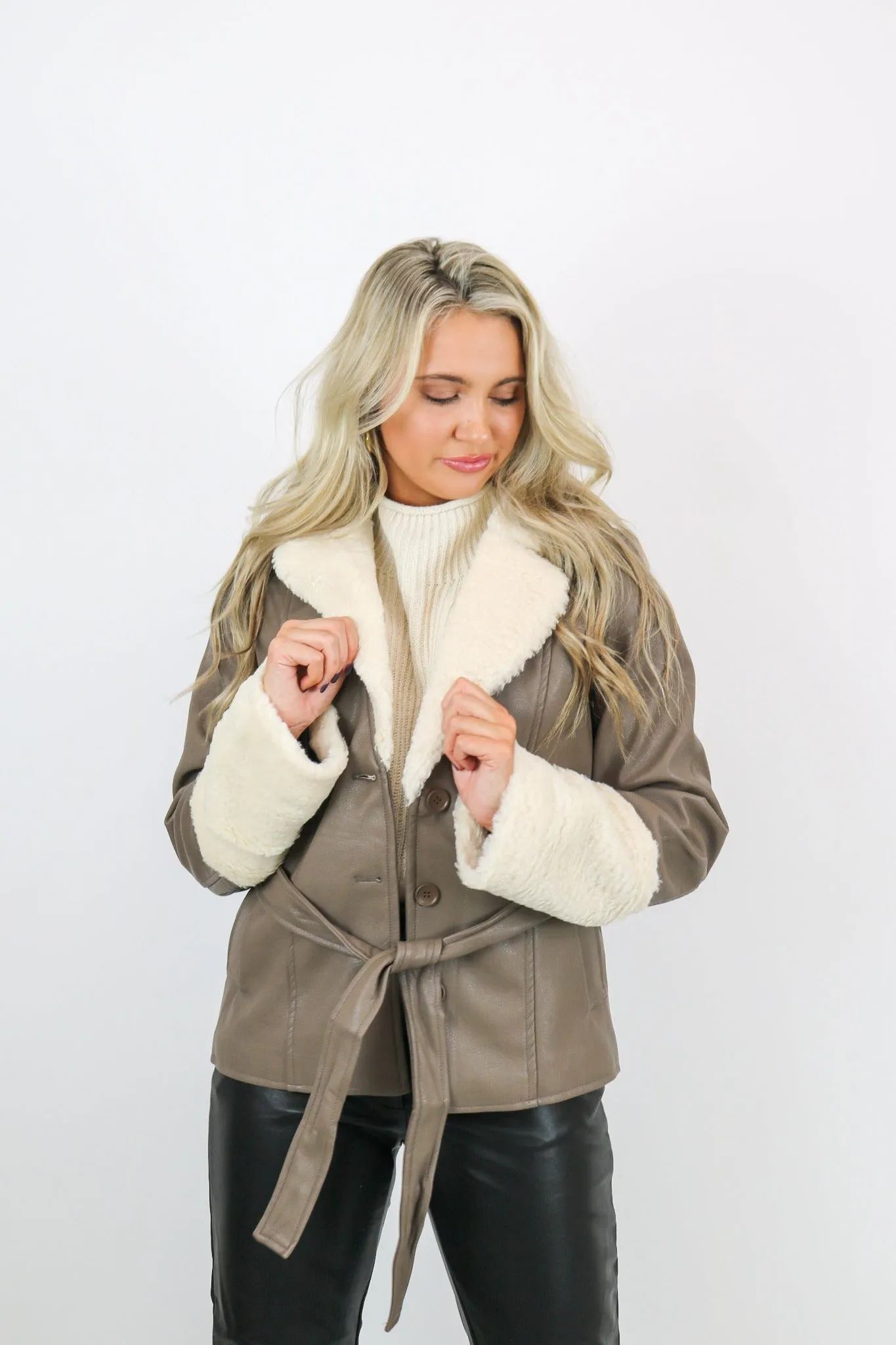 Bear Belted Faux Shearing Coat | Taupe