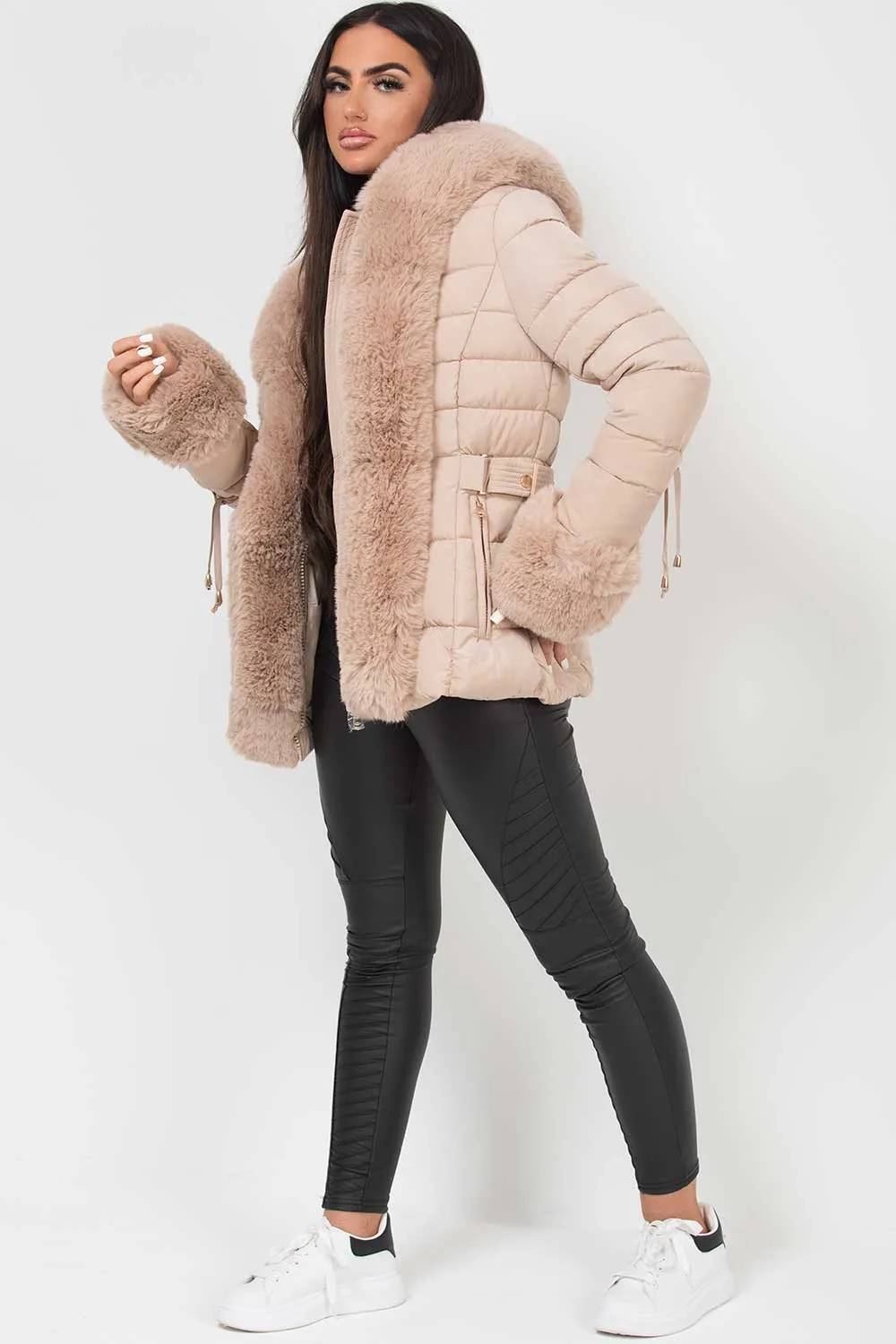 Beige Puffer Jacket With Faux Fur Hood And Cuff