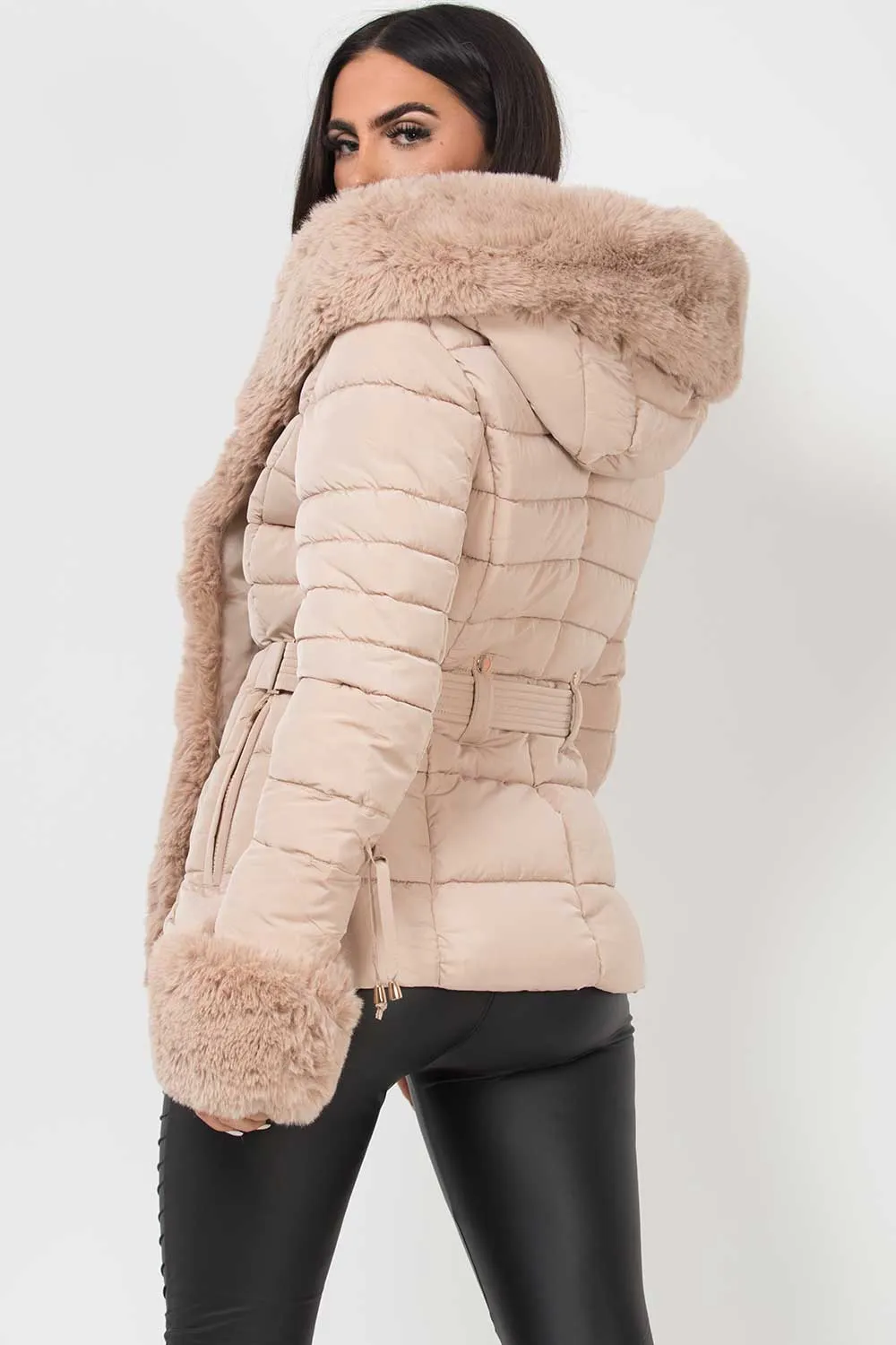 Beige Puffer Jacket With Faux Fur Hood And Cuff