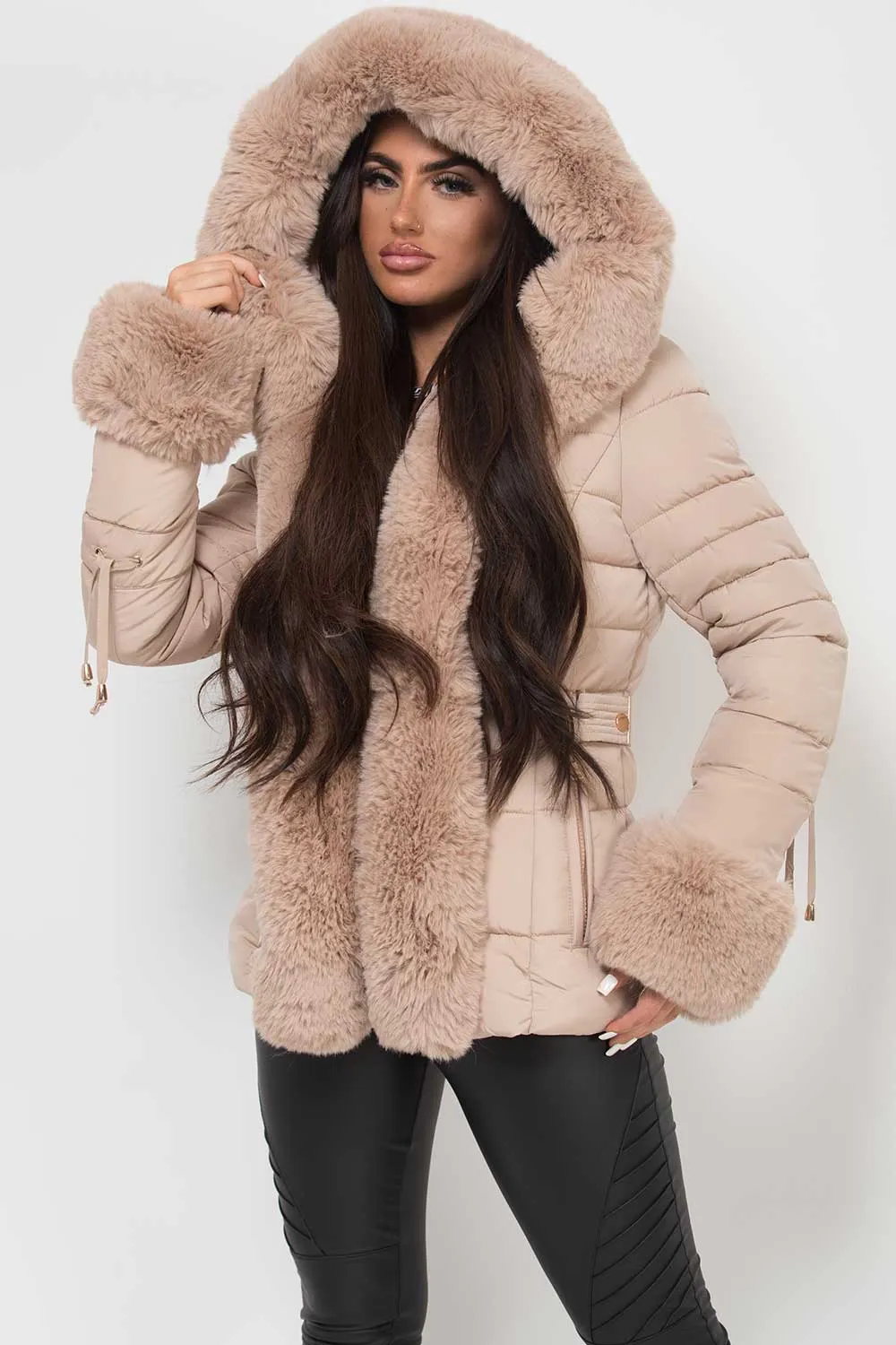 Beige Puffer Jacket With Faux Fur Hood And Cuff