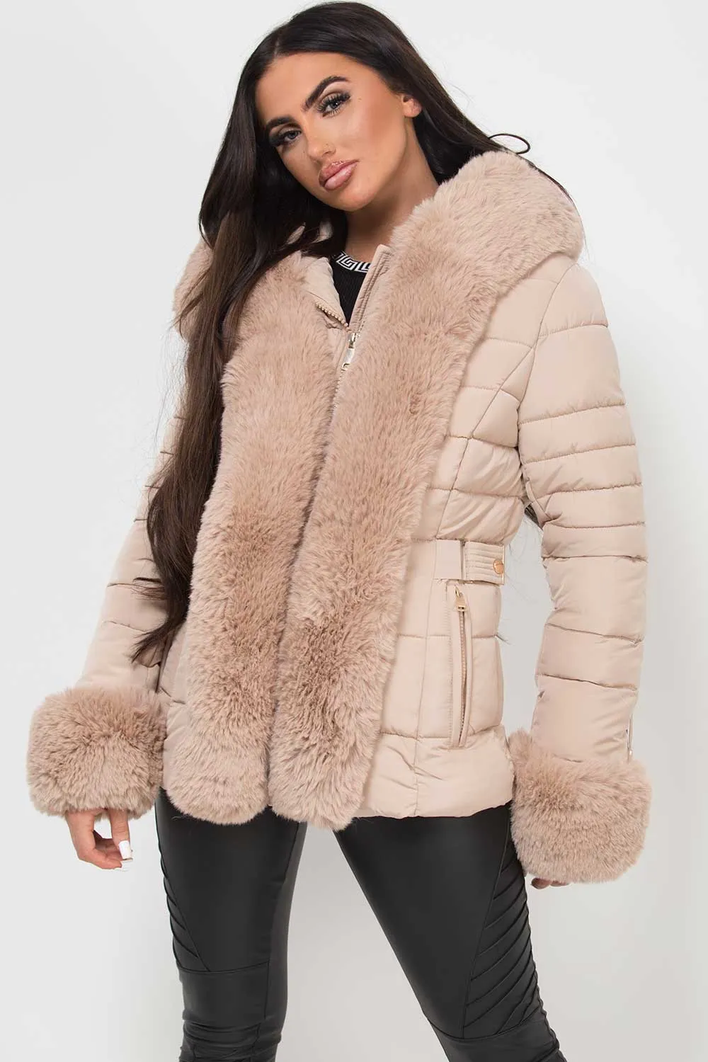 Beige Puffer Jacket With Faux Fur Hood And Cuff