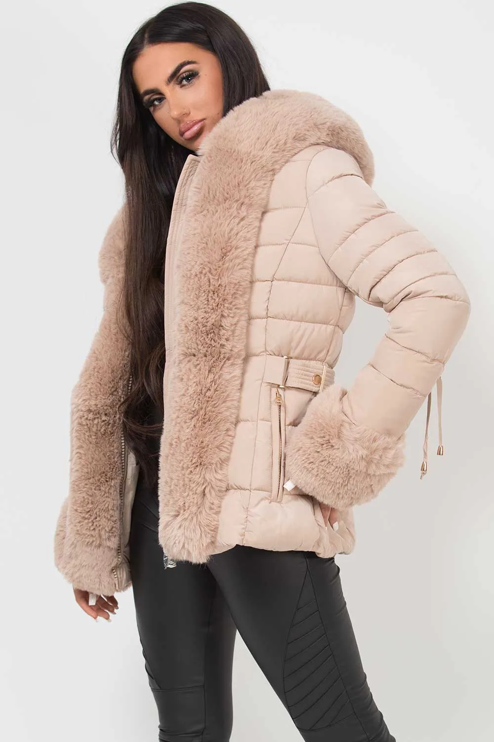 Beige Puffer Jacket With Faux Fur Hood And Cuff