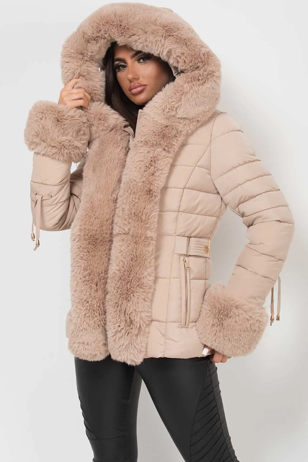 Beige Puffer Jacket With Faux Fur Hood And Cuff