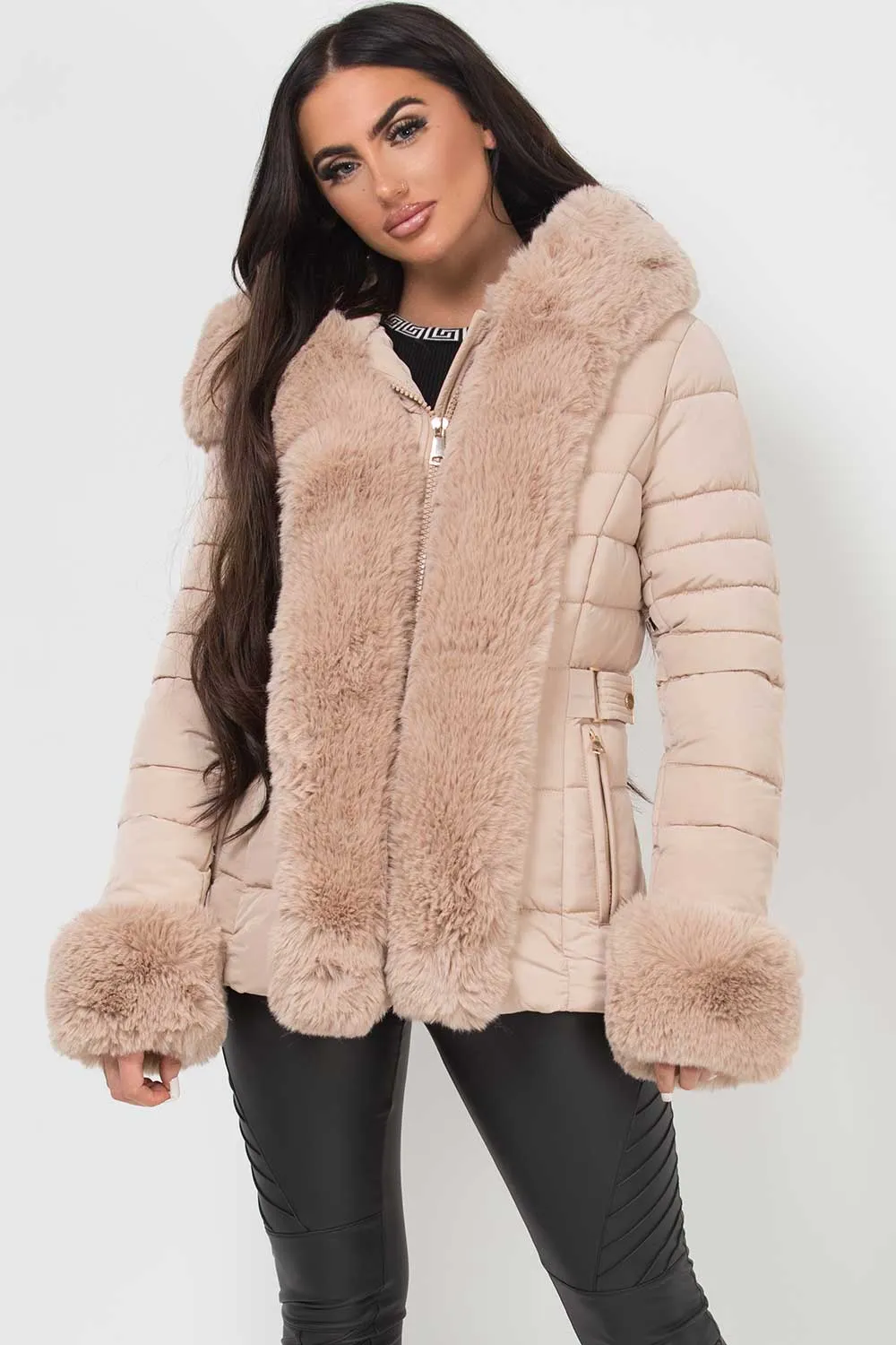 Beige Puffer Jacket With Faux Fur Hood And Cuff