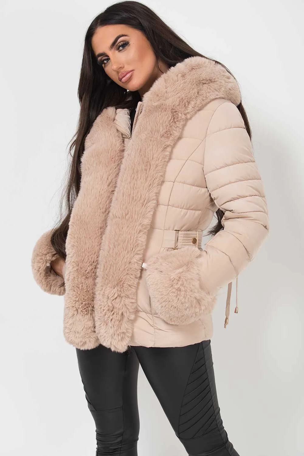 Beige Puffer Jacket With Faux Fur Hood And Cuff