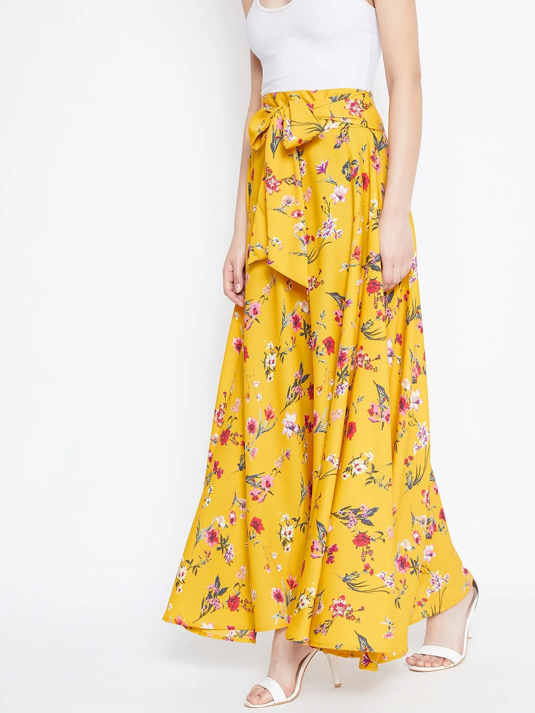 Berrylush Women Yellow & Pink Floral Printed Bow Tie Waist Flared Maxi Skirt