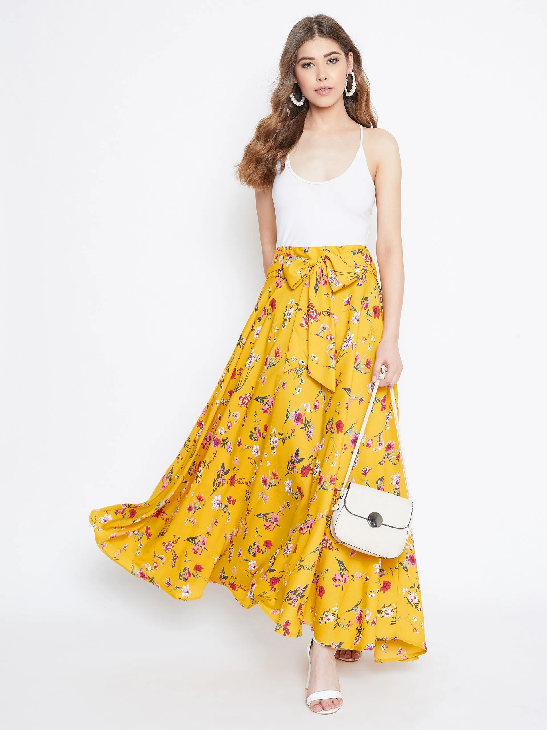 Berrylush Women Yellow & Pink Floral Printed Bow Tie Waist Flared Maxi Skirt