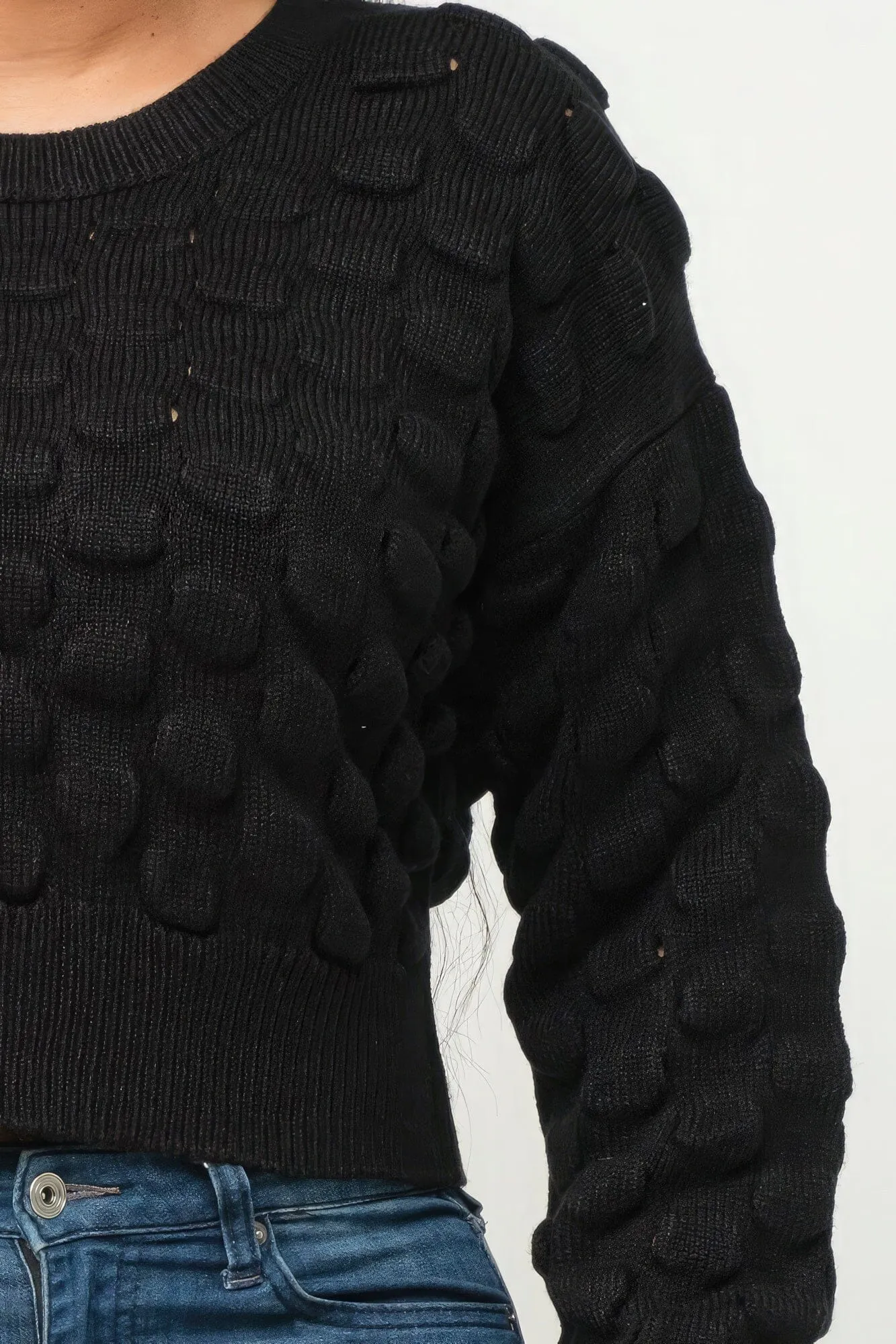 Black Long Sleeve Drop Shoulder Checker Pattern Pullover Crop Sweater_