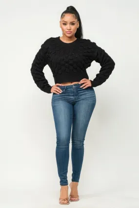 Black Long Sleeve Drop Shoulder Checker Pattern Pullover Crop Sweater_