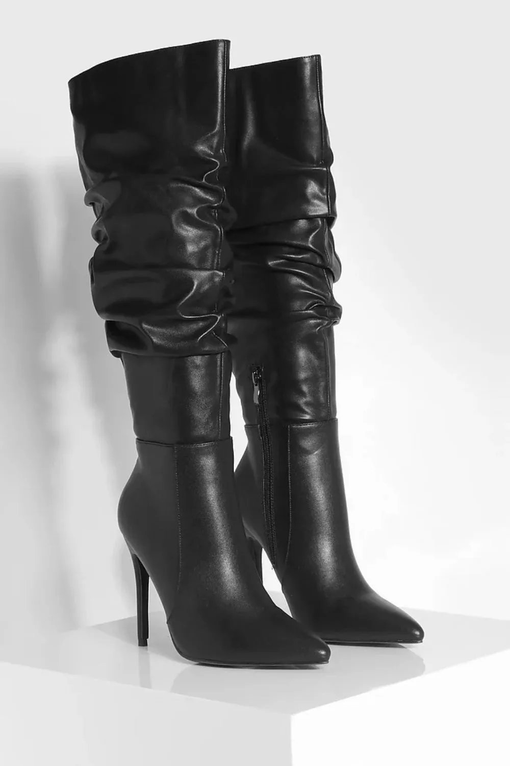 Black PU Ruched Stiletto Heel Pointed Toe Knee High Boots