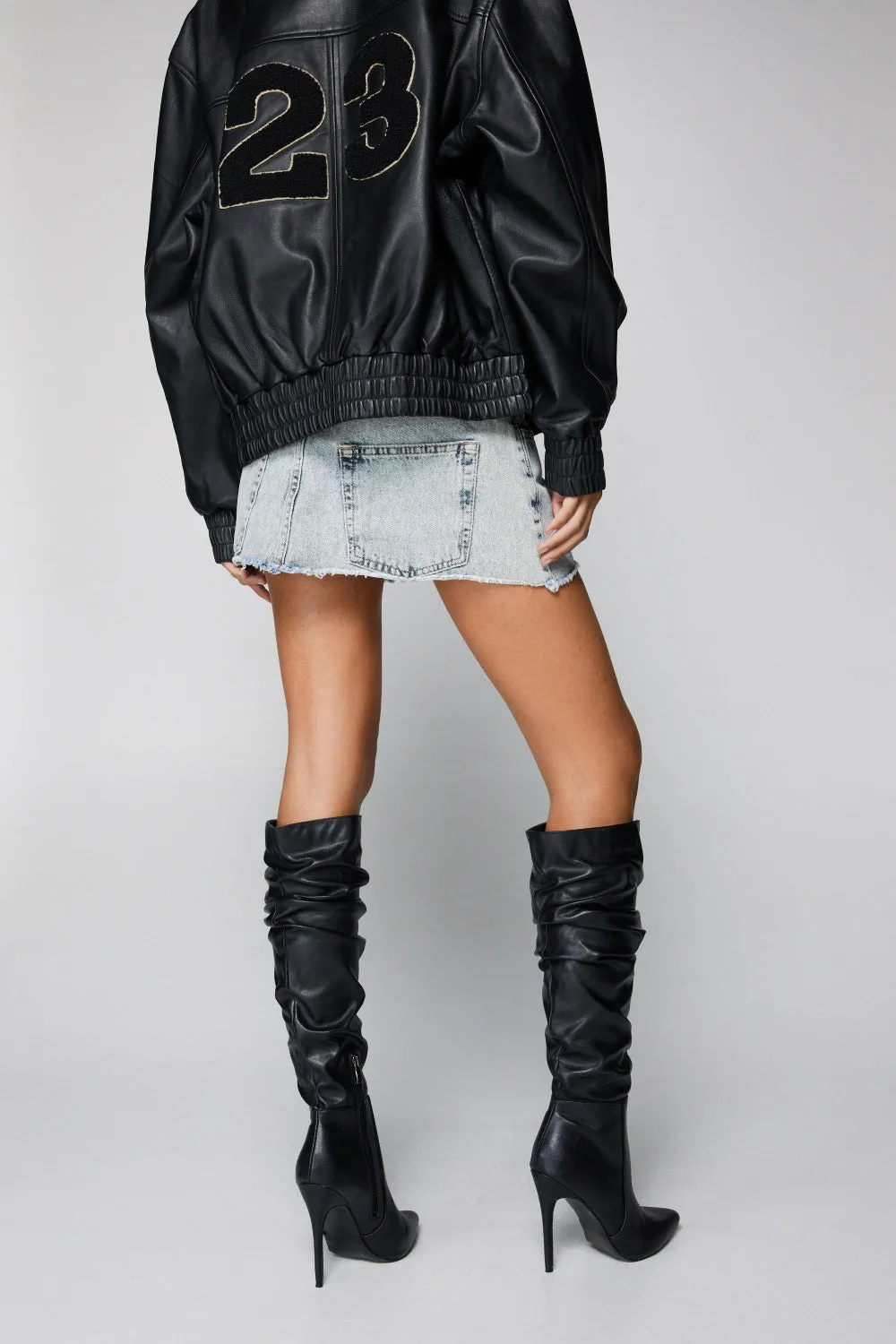 Black PU Ruched Stiletto Heel Pointed Toe Knee High Boots