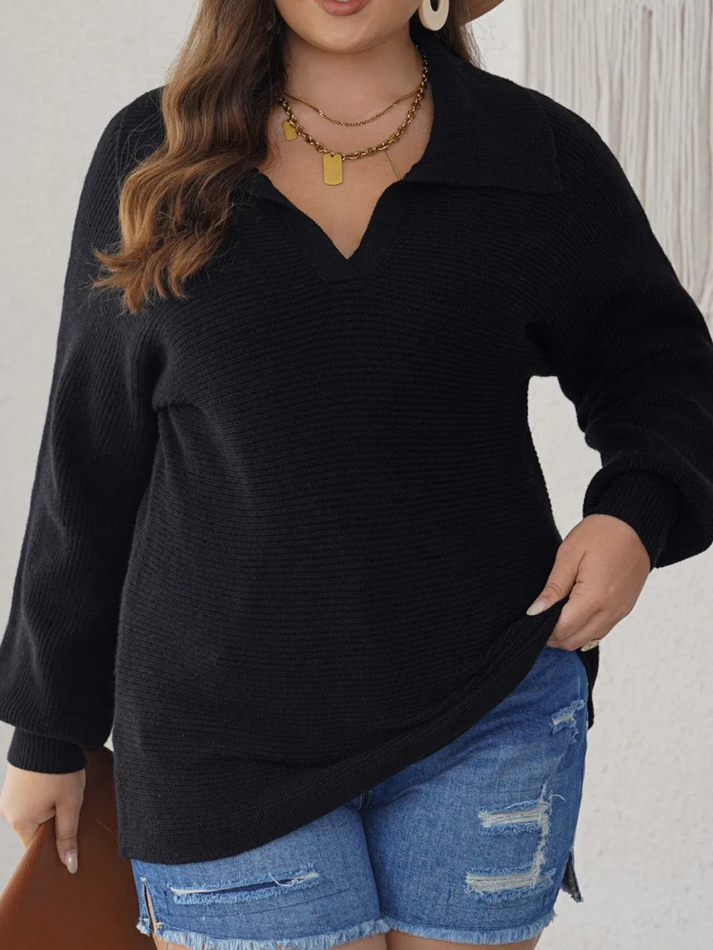 Black Ribbed Knit Lapel Neck Curvy Sweater