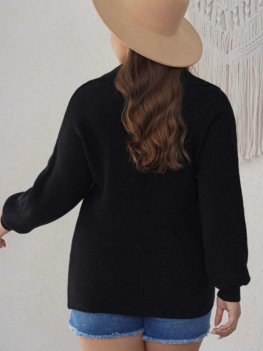 Black Ribbed Knit Lapel Neck Curvy Sweater