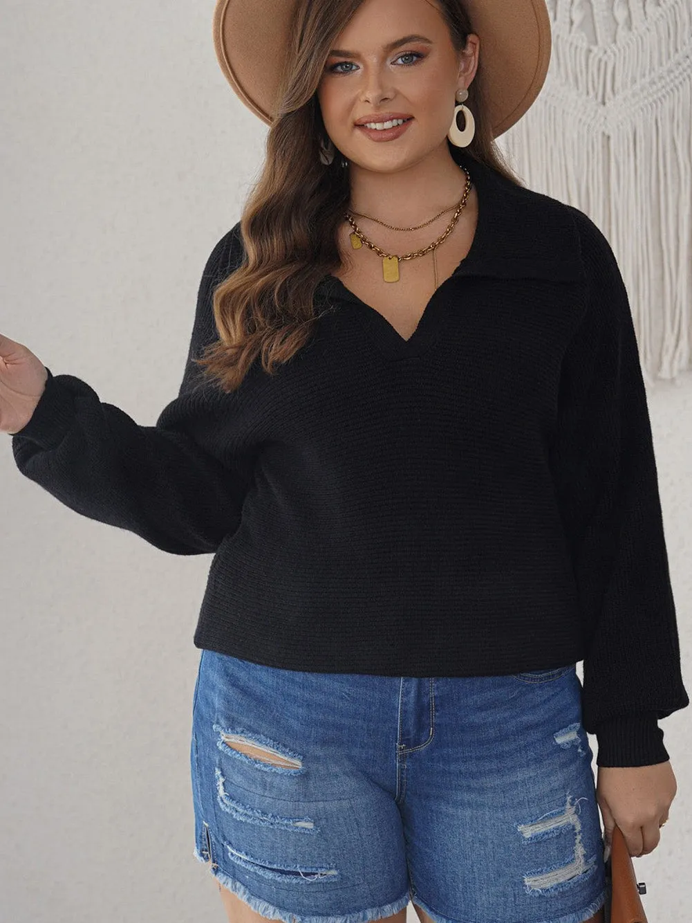 Black Ribbed Knit Lapel Neck Curvy Sweater