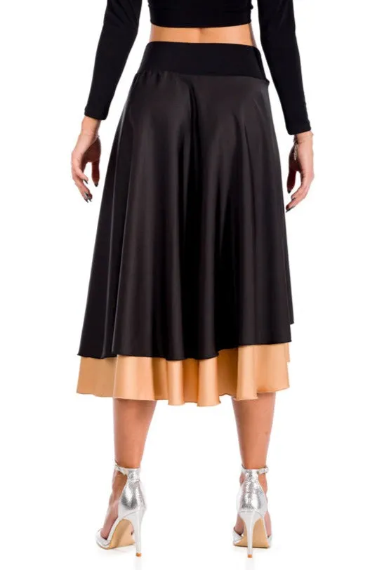 Black Satin Two-layered Dance Skirt With Dark Gold Base