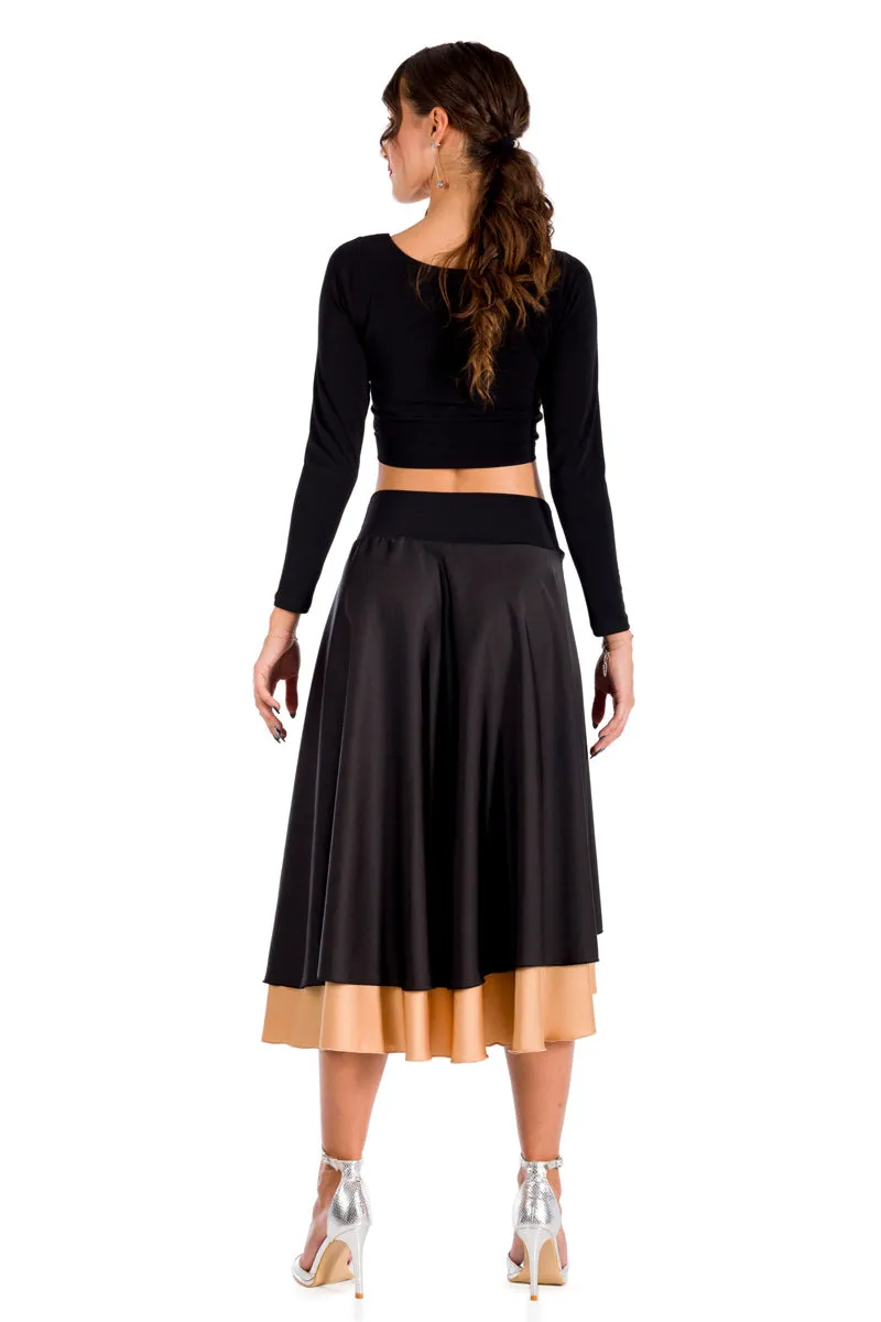 Black Satin Two-layered Dance Skirt With Dark Gold Base