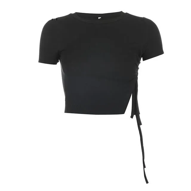 Black Solid Basic Slim Ruched Short Sleeve O Neck Lace Up Cropped Tees