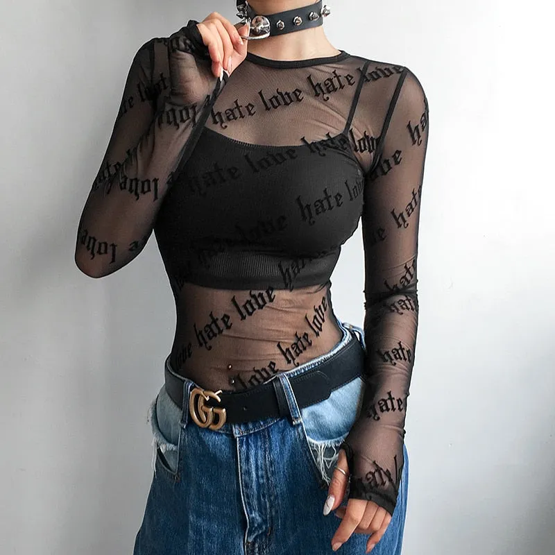 Black Transparent Sexy Summer Mesh Gothic Letter Printed Long Sleeve