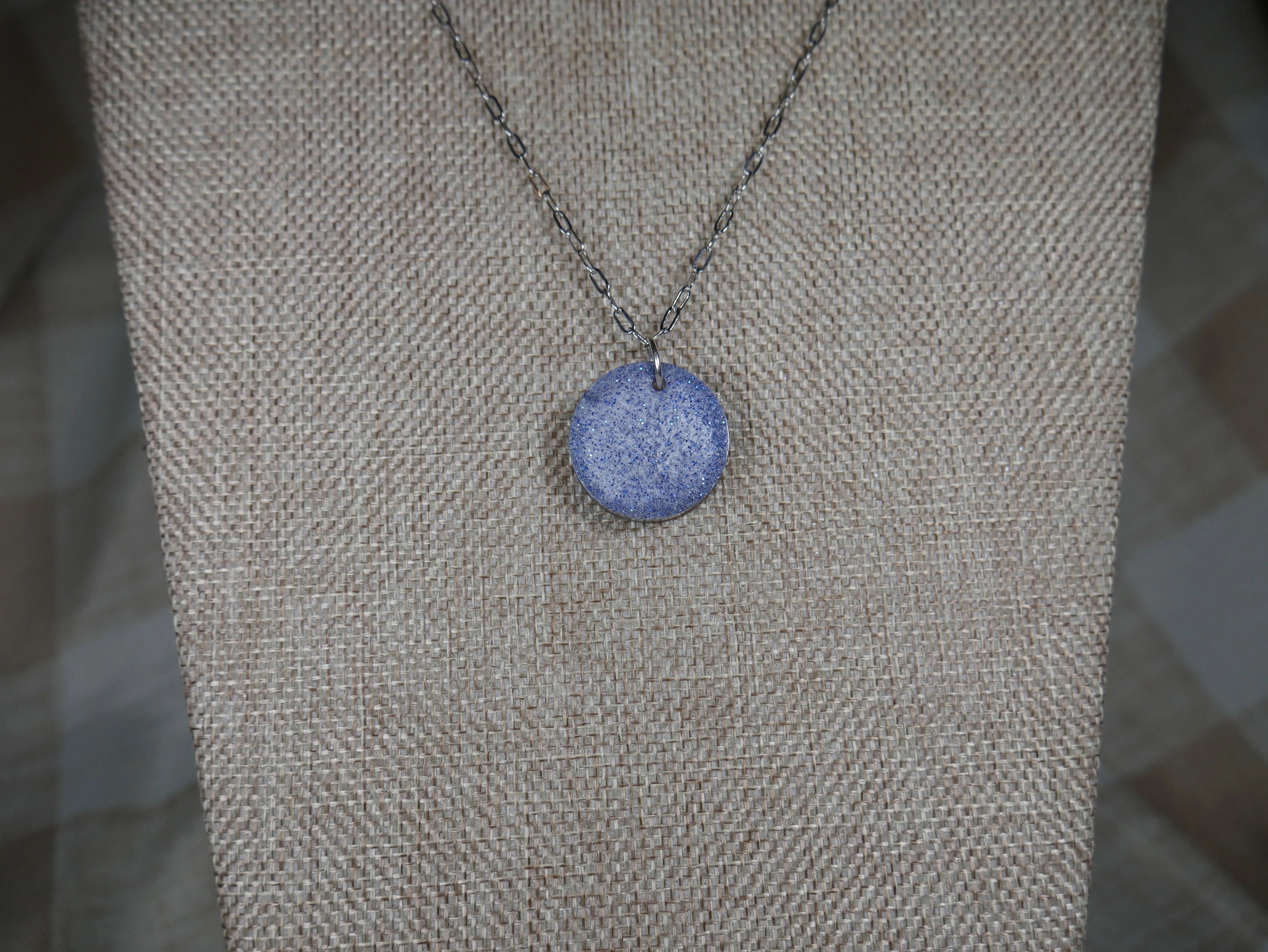 Blue and Silver "Frosty" Circle Resin Pendant Necklace