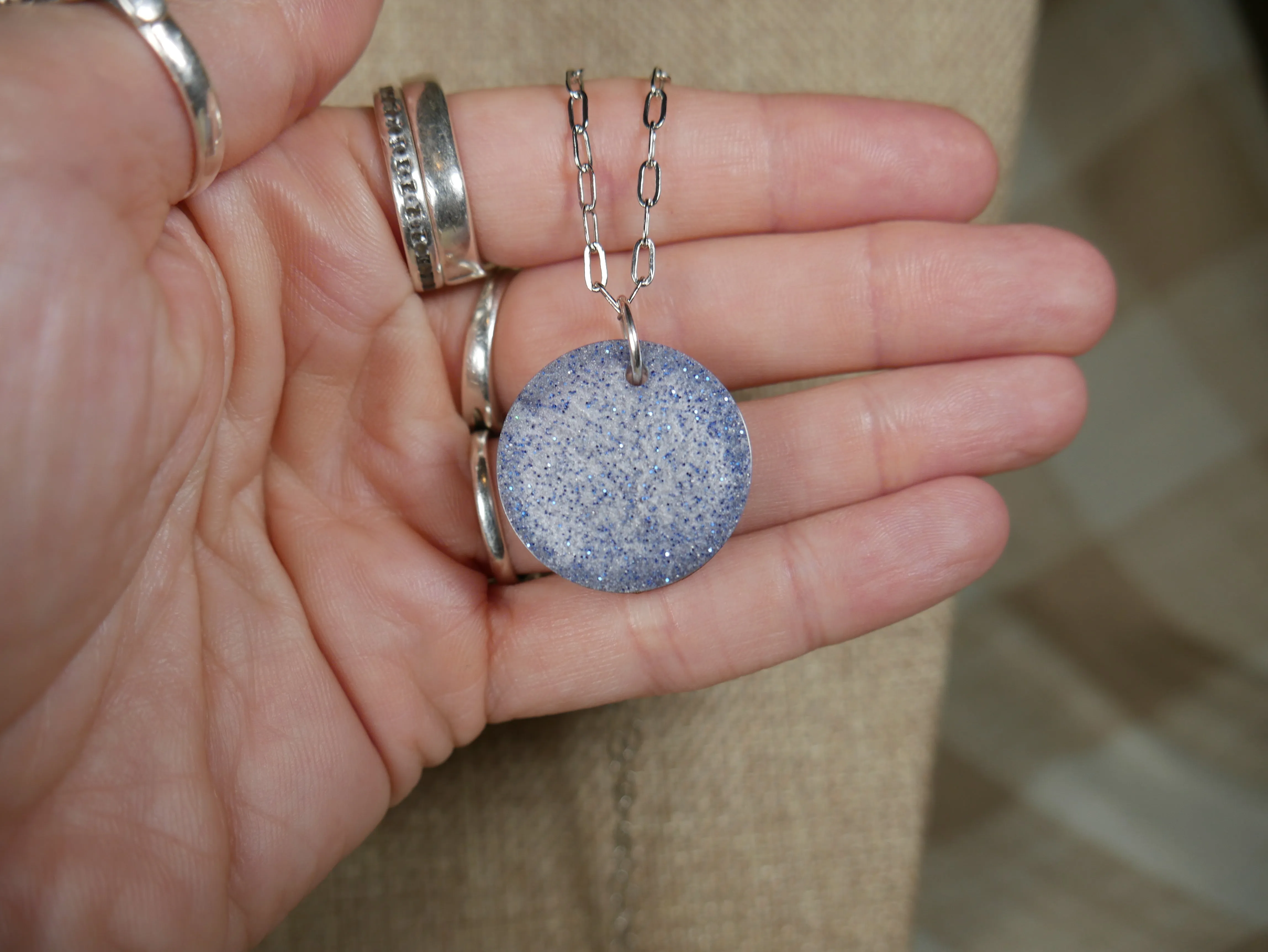 Blue and Silver "Frosty" Circle Resin Pendant Necklace