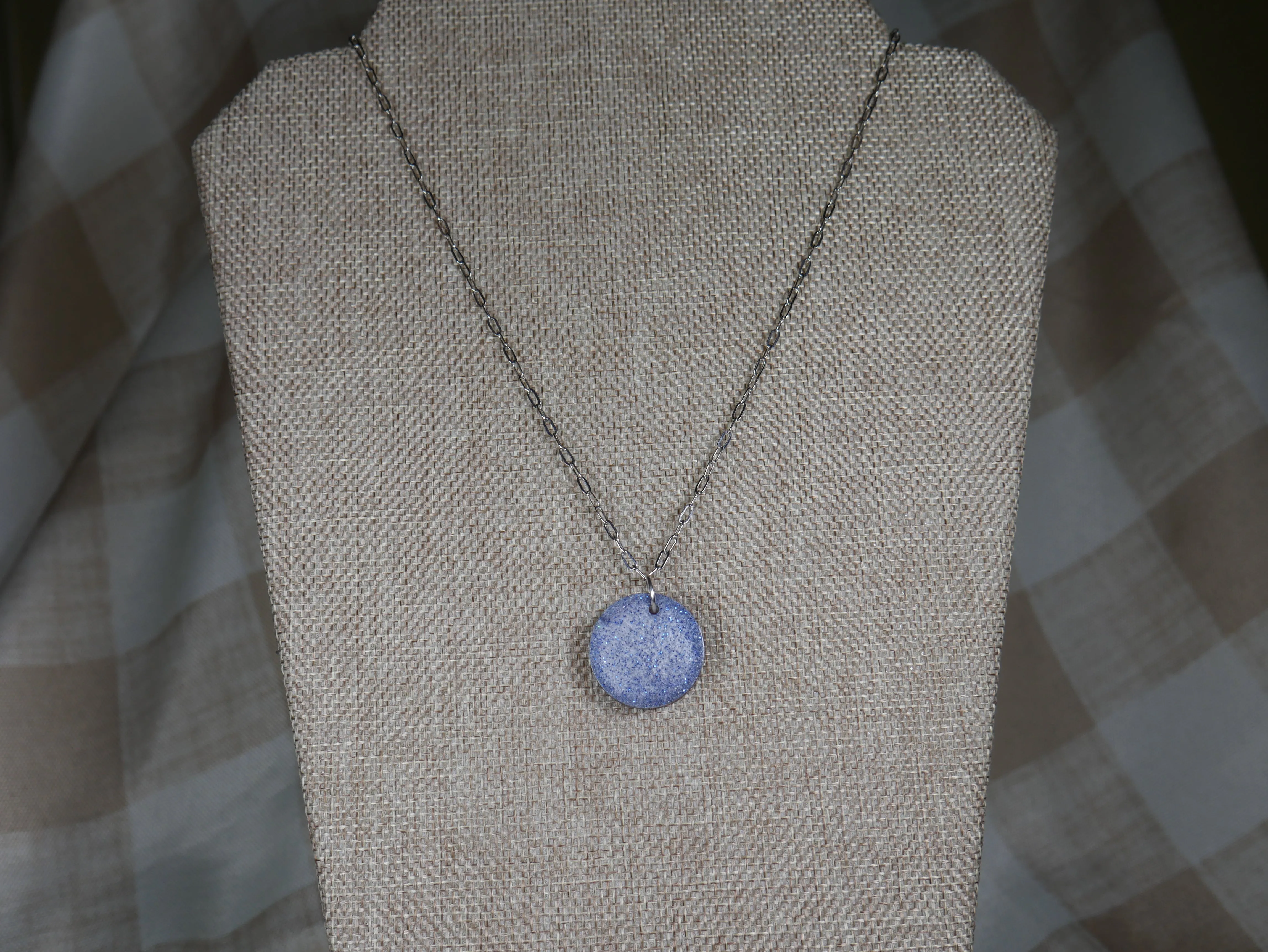 Blue and Silver "Frosty" Circle Resin Pendant Necklace