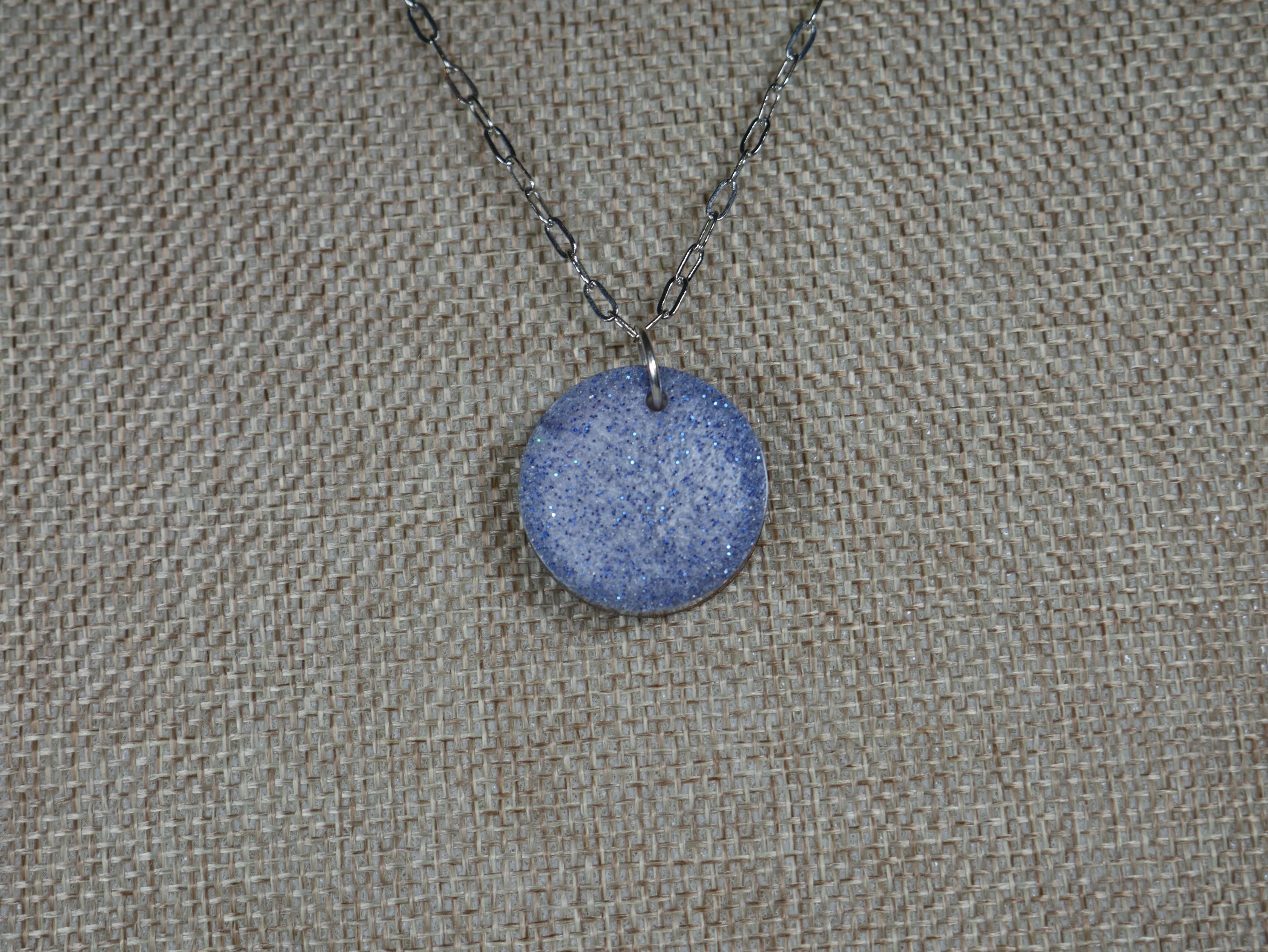 Blue and Silver "Frosty" Circle Resin Pendant Necklace