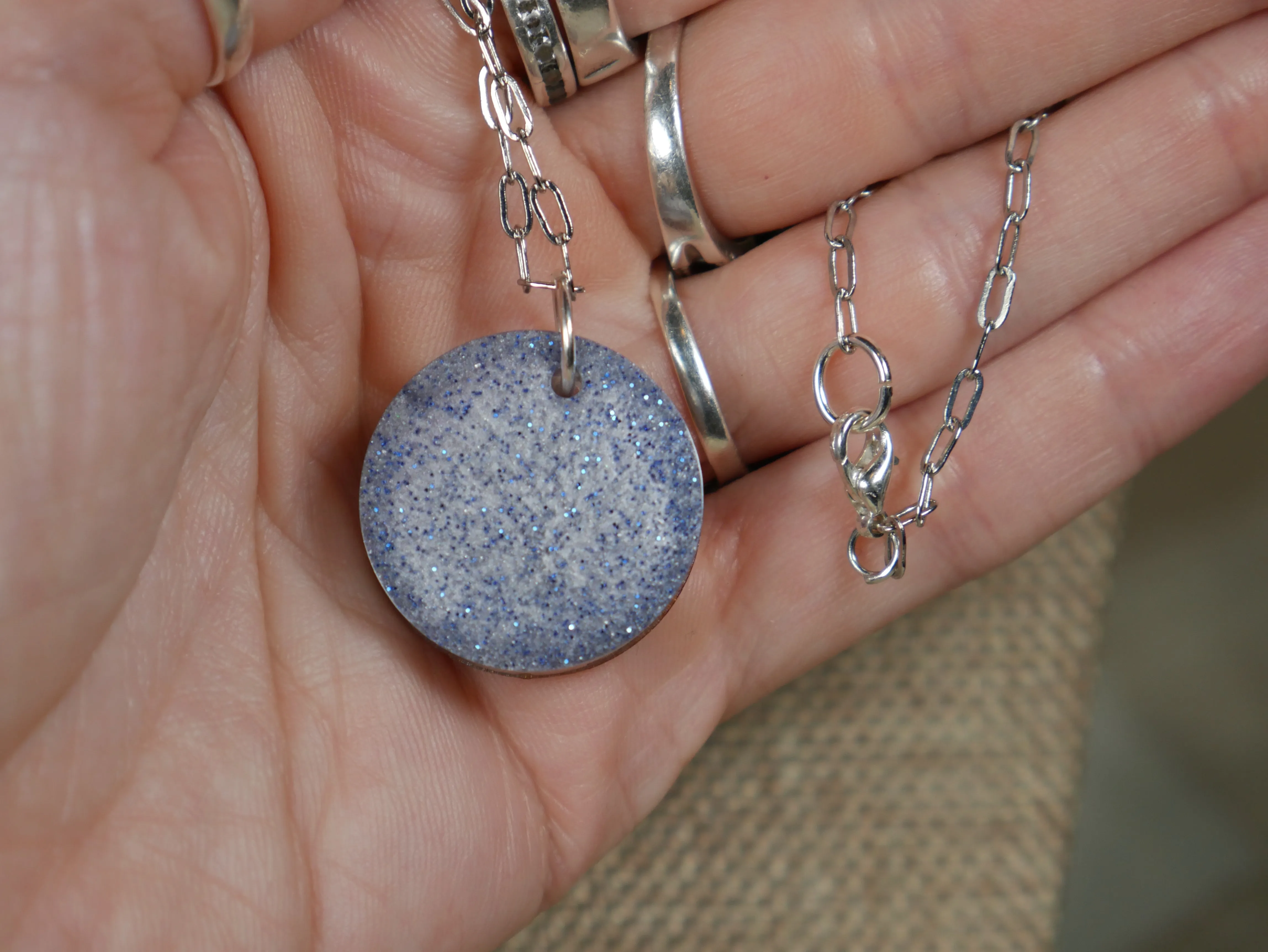 Blue and Silver "Frosty" Circle Resin Pendant Necklace