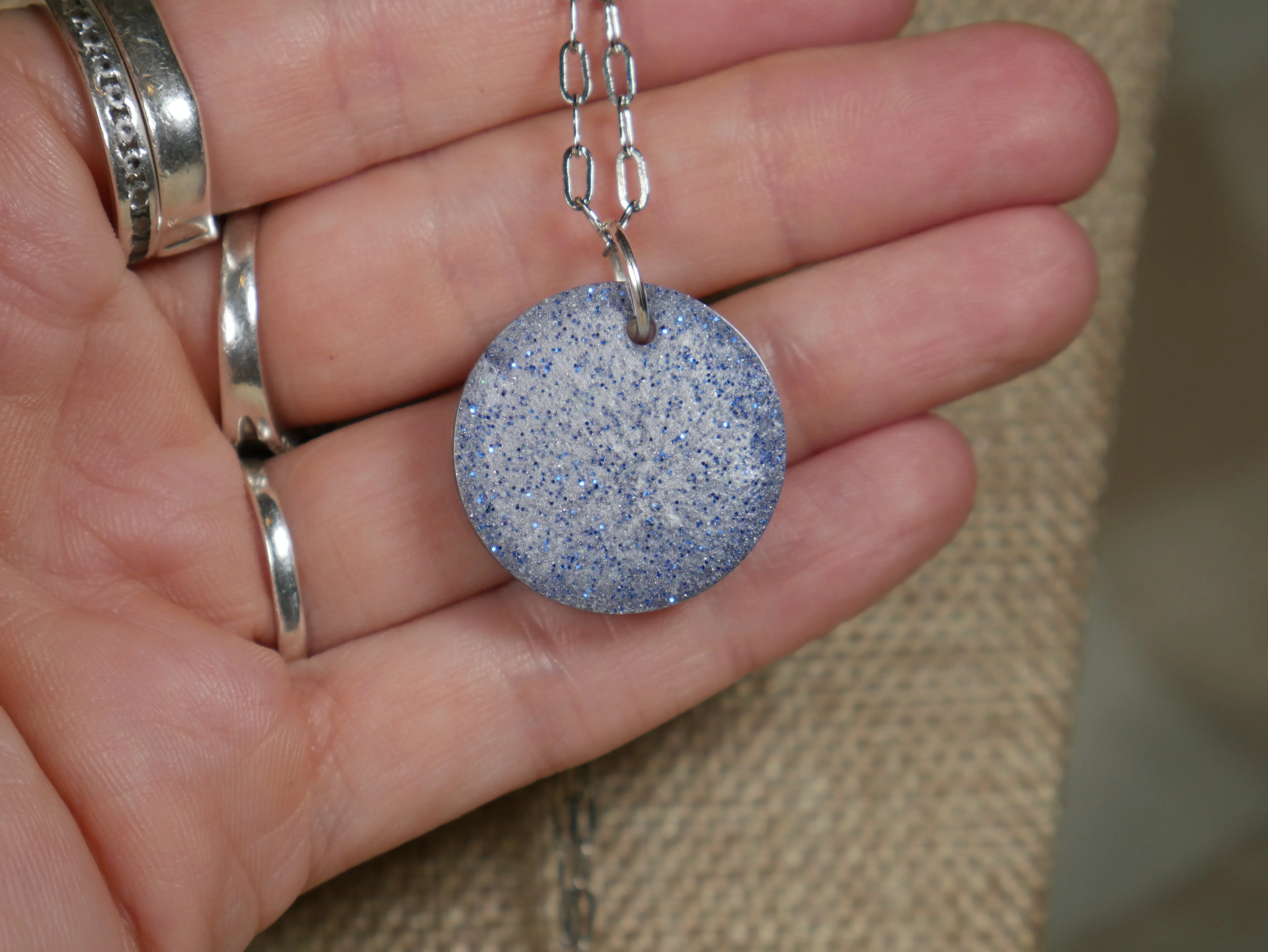 Blue and Silver "Frosty" Circle Resin Pendant Necklace