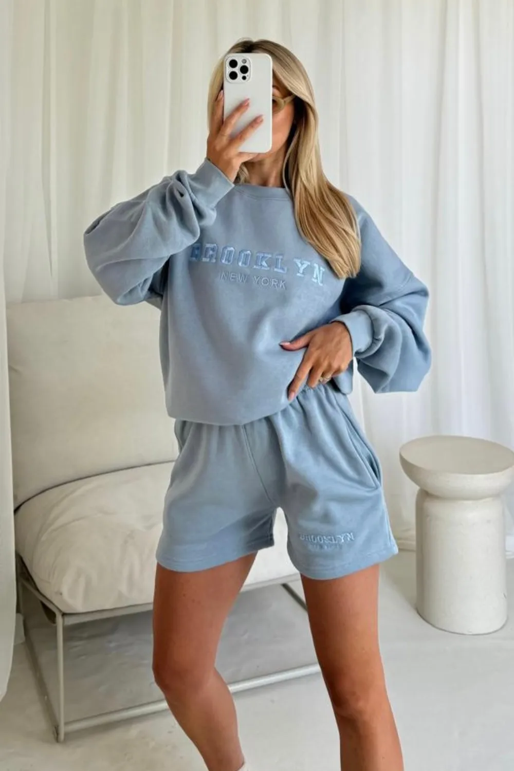 Brooklyn baby blue embroidered sweater shorts loungewear