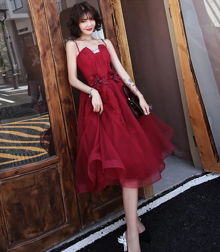 BURGUNDY TULLE SHORT PROM DRESS COCKTAIL DRESS       fg410