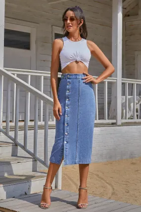 Button Up Leg Split Denim Skirt